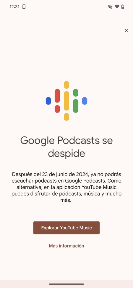 Captura de pantalla del mensaje de despedida que aparece al abrir Google Podcasts en Android