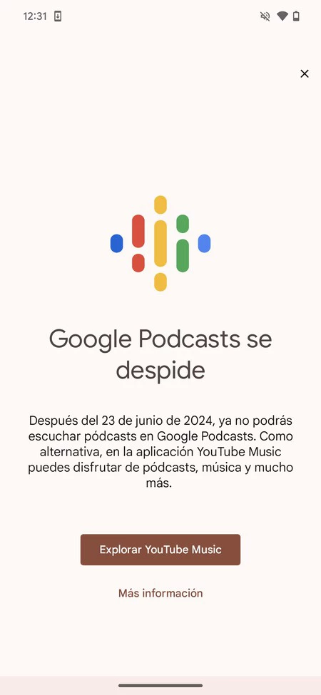 Android で Google ポッドキャストを開いたときに表示される別れのメッセージのスクリーンショット