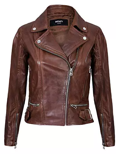 Infinity Leather Señoras Para Mujer de Cuero real Marrón Equipado con Chaqueta de Moda con Cremallera Estilo Motorista 2XL