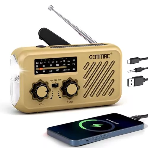 Linterna Solar Radio de Emergencia con Manivela Portatil Pequeña, Gemmac FM/Am/SW Radio Supervivencia con Conector para Auriculares 2000mAh Powerbank y Lectura, Alarma SOS para Camping al Aire Libre