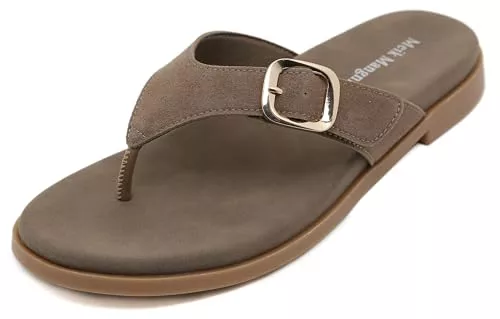 SMajong Sandalias Mujer Comodas Chanclas Sandalias de Dedo con Soporte de Arco Verano Flip Flop de Piel con Hebilla Chancletas Antideslizantes con Suela de Goma Marrón 41 EU