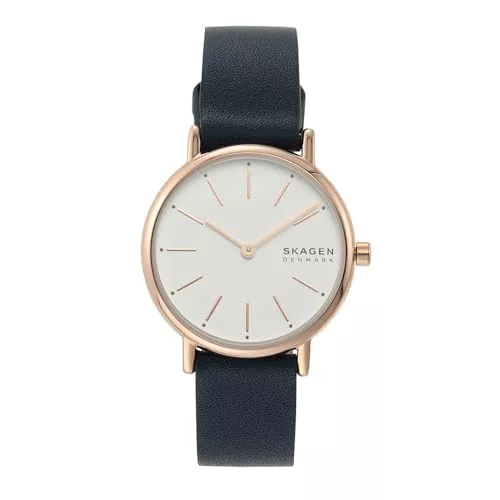 Skagen Reloj Signatur Lille para mujer, Movimiento bimanual de cuarzo en tono oro rosa con correa de acero o piel, 30 mm, Azul Y Blanco