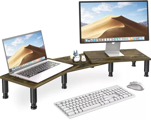 Soporte elevador de monitor doble, soporte para monitor con patas de acero de altura ajustable, soporte de madera para escritorio, elevador de monitor para 2 monitores con espacio de almacenamiento