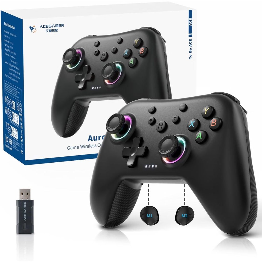 
Controle Bluetooth sem fio Aurora Generation 2.4G para PC/Android/Switch/iOS/Steam Deck com motores lineares, joysticks RGB Hall Effect – Controle de jogos de PC atualizado e trava de botões