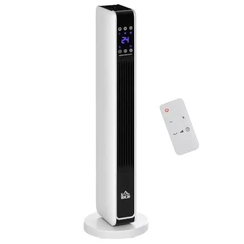 HOMCOM Radiador Eléctrico bajo Consumo Calefactor de Torre 25 m² Blanco | 1100/2200W, Mando a Distancia, Pantalla LED, Temporizador de 8H, 3 Modos, Oscilación