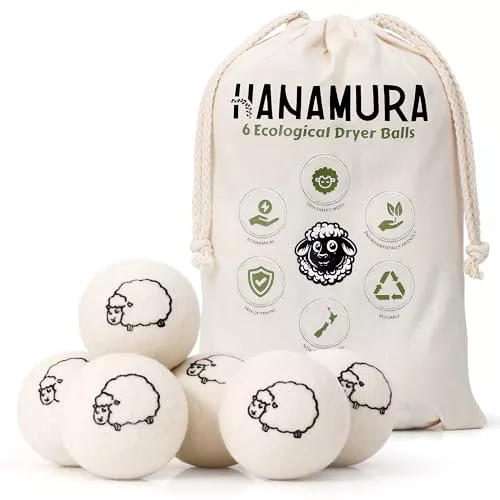 Bolas de lana para secadora Hanamura – Set de 6 pelotas secadora de ropa XXL ecológicas – Suavizante natural con bolsa de almacenamiento