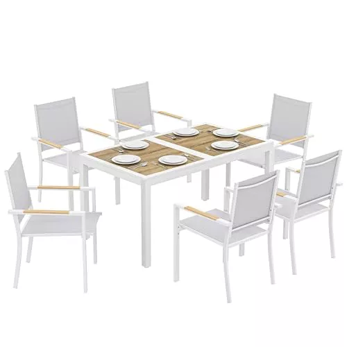 Outsunny Conjunto de Mesa y Sillas Jardín de 7 Piezas, Muebles Jardín Exterior con Mesa de Plástico PSPC, 6 Sillas Apilables Transpirables, Marco de Acero Resistente a la Intemperie, Blanco