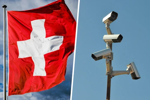 Composición con foto de la bandera de Suiza e imagen de cámaras de seguridad