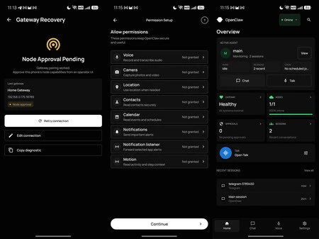 Conexión al gateway, permisos necesarios y pantalla principal de OpenClaw