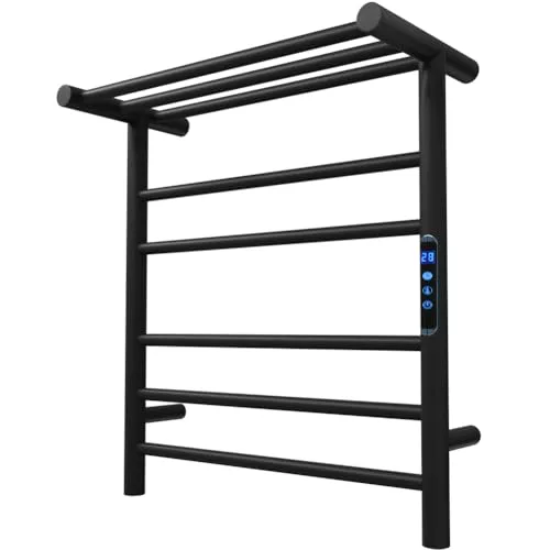 KWW Bathroom Remote Control Towel Holder, 1-9 Hour Timer and Temperature Adjustment, LED Indicator, Stainless Steel Top Shelf Clothes Hanger (Matte Black, 5+3 Bar)