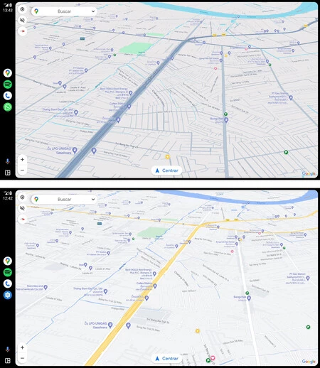 Android Auto の Google マップの新しい色 (上) と以前の色 (下)