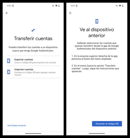 Capturas de pantalla mostrando las funciones para importar y exportar cuentas en Google Authenticator