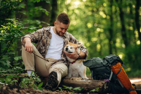 homem com seu cão na floresta