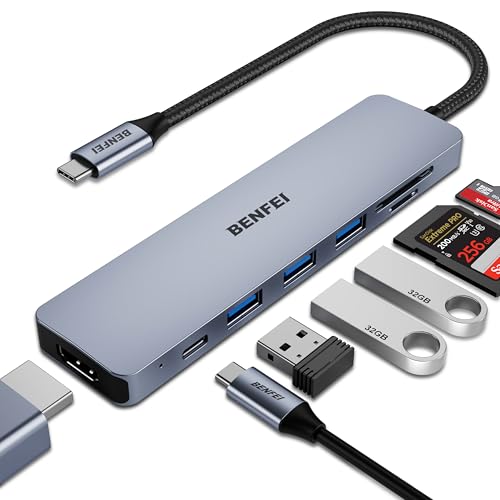 BENFEI USB C HUB 7 en 1, USB-C HUB Multiport Adapter mit HDMI (4K @60Hz Certificate)/100W Power Delivery/3*USB 3.0 5Gbps/SD/TF Card Reader (160MB/s)