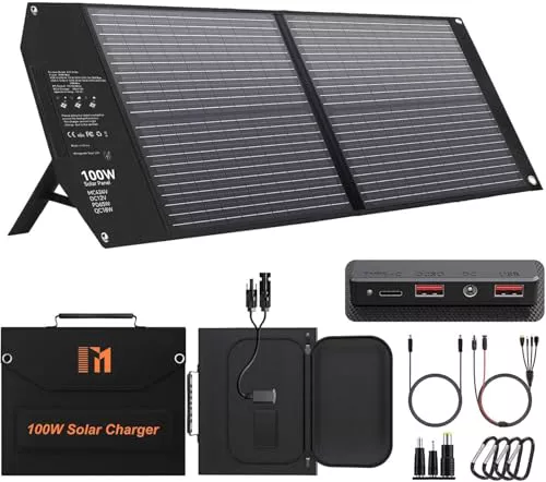 Mesuvida 100W Panel Solar con 5 Puertos, 24V MC4/24V DC/QC 3.0 USB-A y USB-C (PD 65W) Placa Solar Camping, Panel Solar Portatil Plegable para Estaciones de Energía, Autocaravanas, Camping