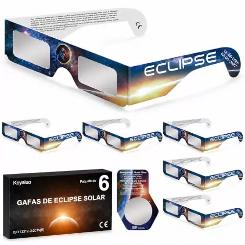 Keyaluo Gafas Eclipse Solar Homologadas,Paquete de 6,Certificado EN ISO 12312-2:2015(E) y CE,Aprobación AAS 2026