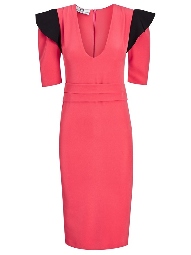 3 Margarita Munoz Pv18 Vestido Color Coral Con Volante Negro En Los Hombros Pvp 135eur