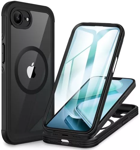 CENHUFO Magnética Funda iPhone 16E [Compatible con MagSafe] Integrado 9H Cristal Templado Protector Pantalla y Protector Cámara, 360 Grados Antigolpes Carcasa Transparente Capa Doble Cara Case -Negro