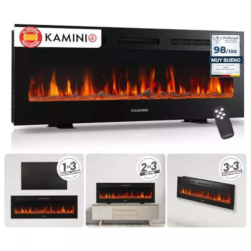 KAMINIO® Marlon Pro 50 Chimenea eléctrica Decorativa con Calefactor | 3 en 1 chimenea empotrable, colgante o de pie, con efecto fuego, termostato, temporizador y mando a distancia, negro
