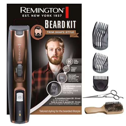 Remington Recortadora de Barba Beard Kit, Barbero con Cable e Inalámbrico, Cuchillas de Titanio, 3 Peines Ajustables, Cepillo para Barba y Tijeras, 90 min Autonomía, Batería de Litio, MB4046