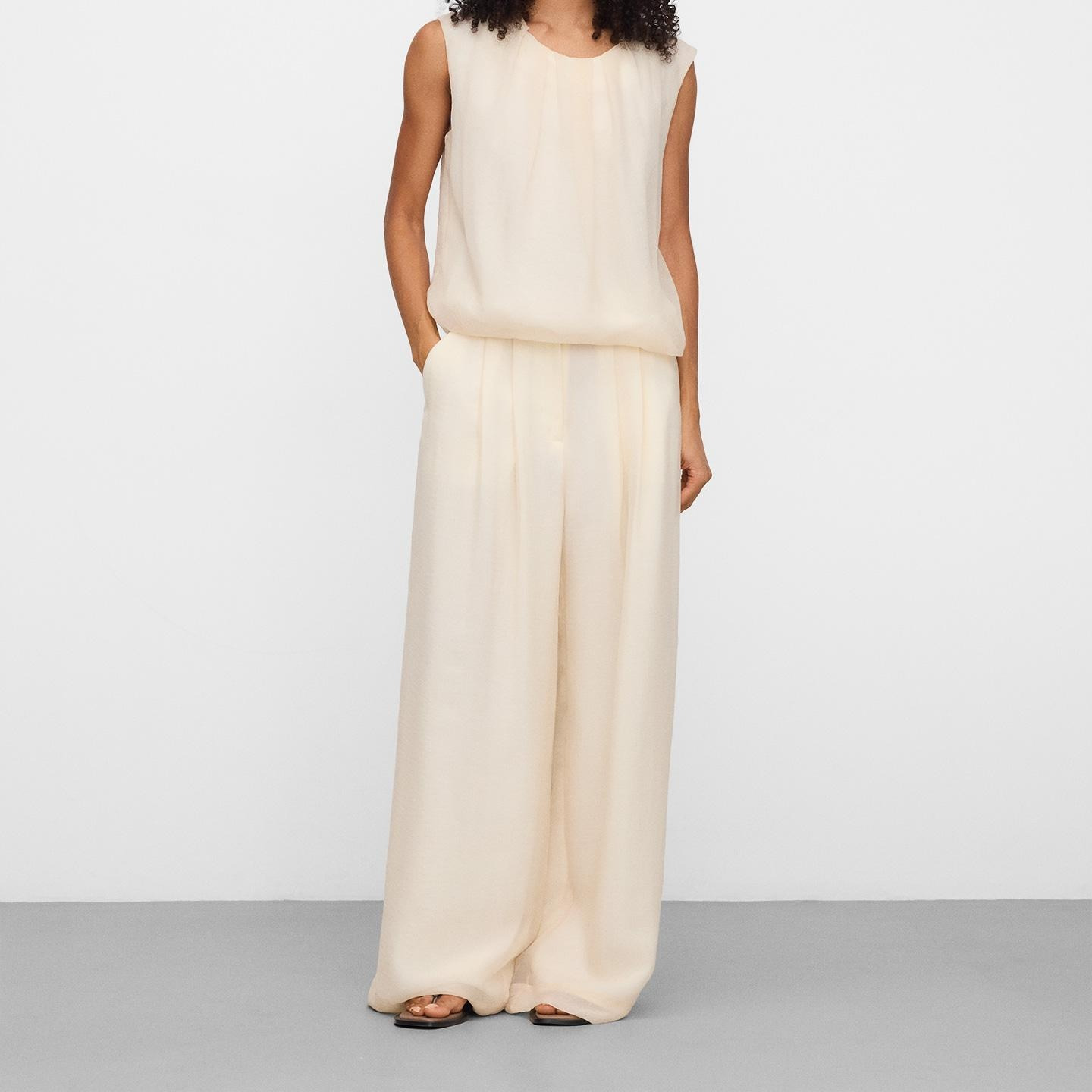 Pantalones anchos de mujer en doble tejido con pinzas Crema Adolfo Dominguez