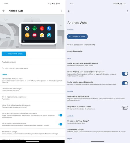 左、古い Android Auto 設定。そうです、マテリアルユーを使用した新しいデザインです