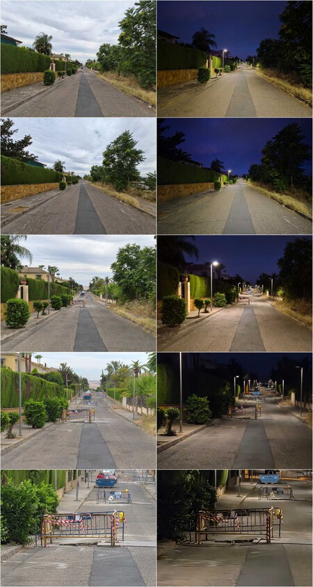 La misma foto tomada de noche y de día. De arriba a abajo: gran angular, angular, zoom x2, zoom x4 y zoom 10 | Imagen: Xataka