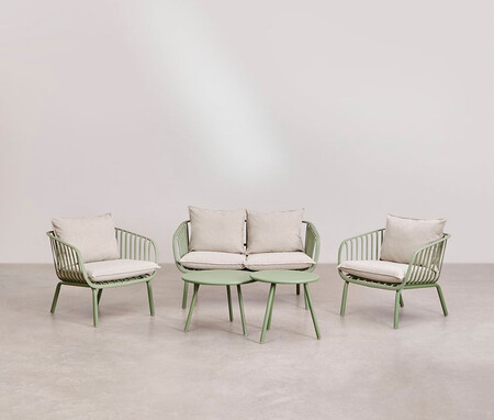 Conjunto De Jardin Con Sofa De 2 Plazas 2 Sillones Y 2 Mesas De Centro En Acero Y Polipropileno Aradina