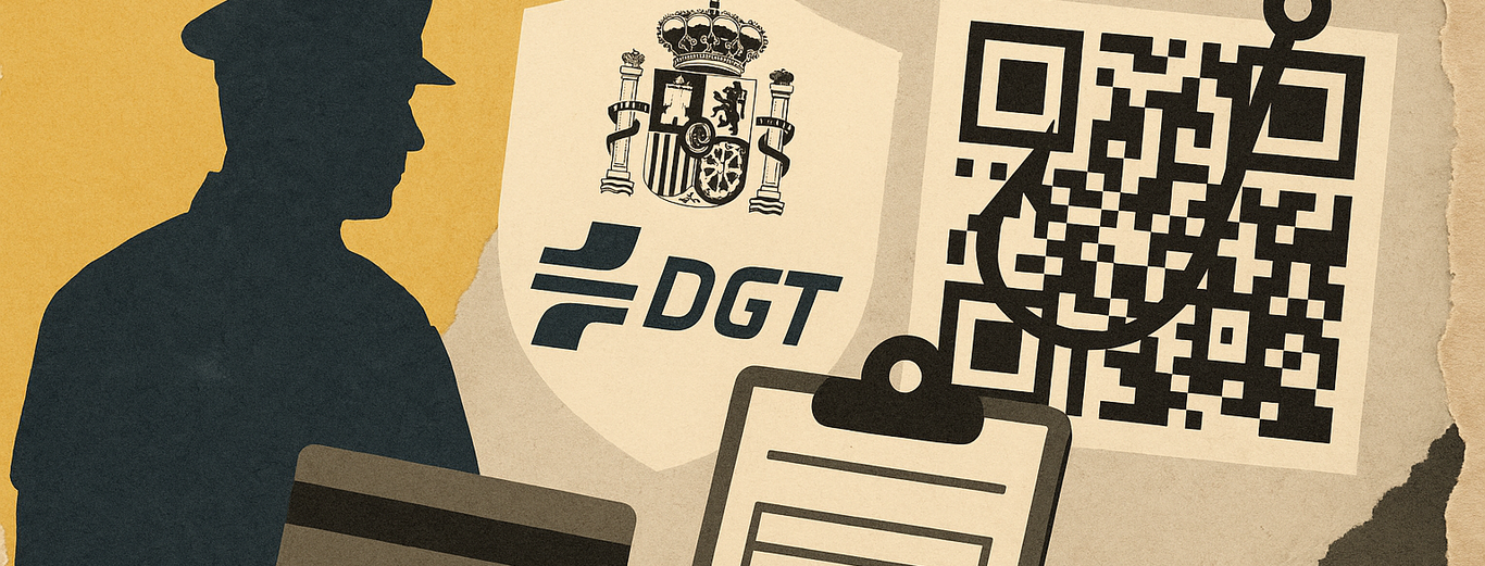 Silhouette of officer with DGT emblem and QR code on official document