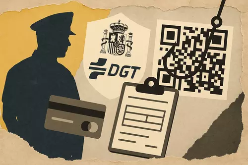 Silhouette of police officer with DGT emblem and QR code with phishing hook