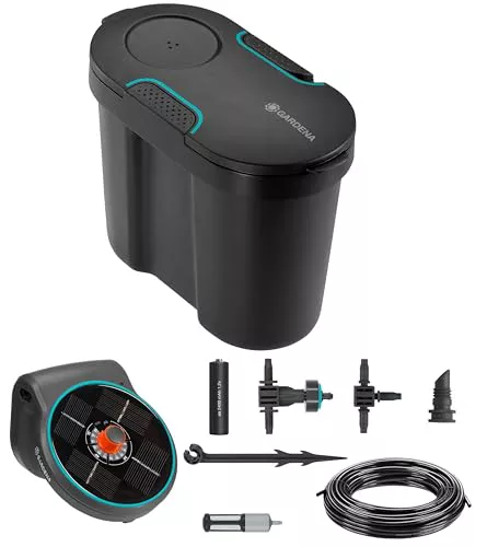 Gardena kit de riego solar AquaBloom que incluye depósito de agua: kit de riego con energía solar para hasta 20 plantas de balcón, unidad de control con 14 programas de riego (13301-20)