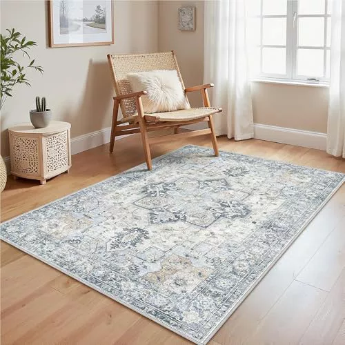 GENIMO Alfombra Salon Vintage Alfombras de Área Lavables en Máquina, Alfombras con Base Antideslizante, Alfombra de Dormitorio de Pelo Corto para Cocina, Comedor, Azul, 120X170CM