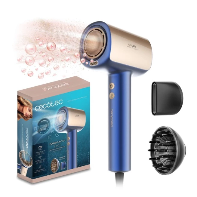 Secador - Cecotec DryGlam Nano Plasma Blue, 1600 W, 3 Velocidades, 3 Niveles calor