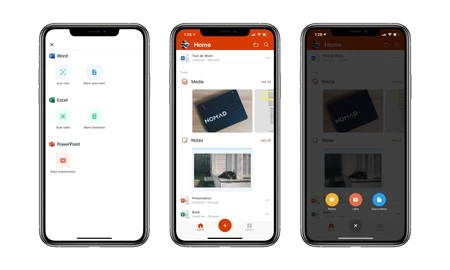 Office のメイン画面 (中央)、ドキュメント作成 (左)、およびメモの追加、スキャン、またはドキュメントの作成のオプション (右)。