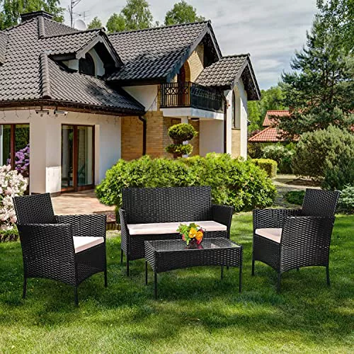 bigzzia Conjuntos de Muebles de Jardín Exterior en Ratán 4 Piezas 