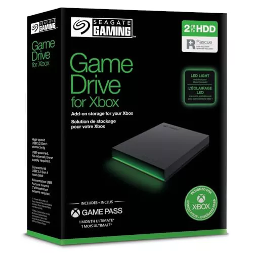 Seagate Game Drive for Xbox 2TB, Unidad de disco duro (HDD) externa portátil, USB 3.2 Gen 1, negra, certificación Xbox, LED RGB, Rescue Services (STKX2000403) Seagate Game Drive for Xbox 2TB, Unidad de disco duro (HDD) externa portátil, USB 3.2 Gen 1, negra, certificación Xbox, LED RGB, Rescue Services (STKX2000403)
