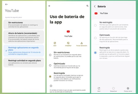 HyperOS、Stock Android、One UI でのバックグラウンド バッテリーの使用を制限します (左から右へ)