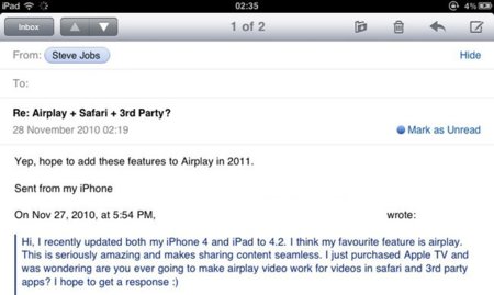 Jobs asegura en uno de sus correos que AirPlay llegará a Safari y el resto de desarrolladores el próximo año