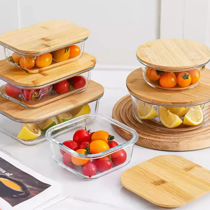 Set de tres recipientes de cristal con tapa de bambú