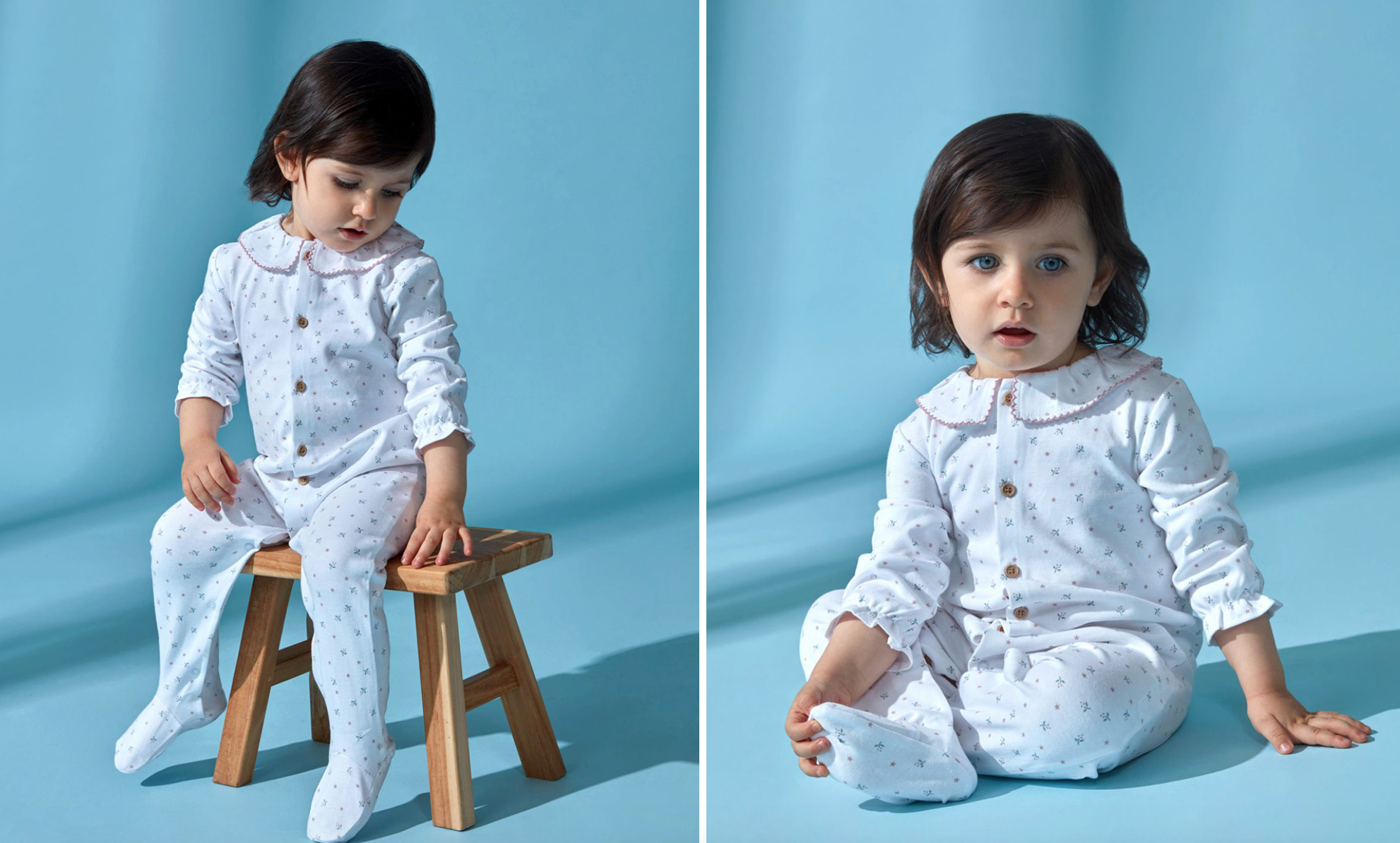 Pijama largo de punto estampado de estrellas y flores en tonos rosas bebé niña