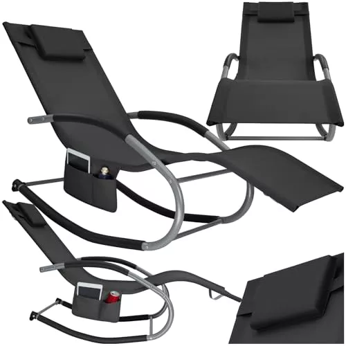 tectake® Tumbona Jardin Exterior con Movimiento Oscilante, Tumbonas Piscina con Bolsillo Lateral, Resistente al Agua, Tumbonas Jardin Exterior, Sillas de Terraza - 1 Unidad Negro