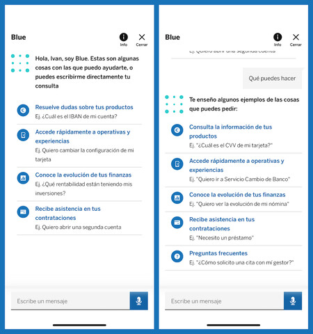 Capturas de pantalla del chatbot de BBVA