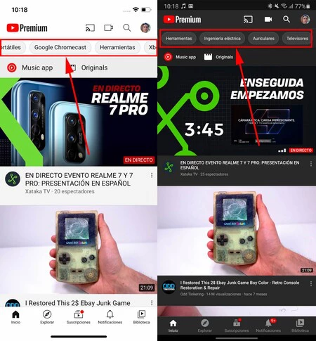 トピックによるフィルタリングを有効にした後の YouTube アプリの外観: 左、iPhone。そうだよ、アンドロイド