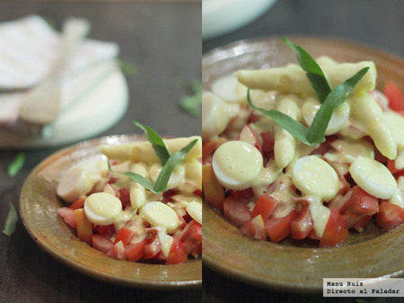 Ensalada de tomate y palmito con mayonesa suave de curry. Receta