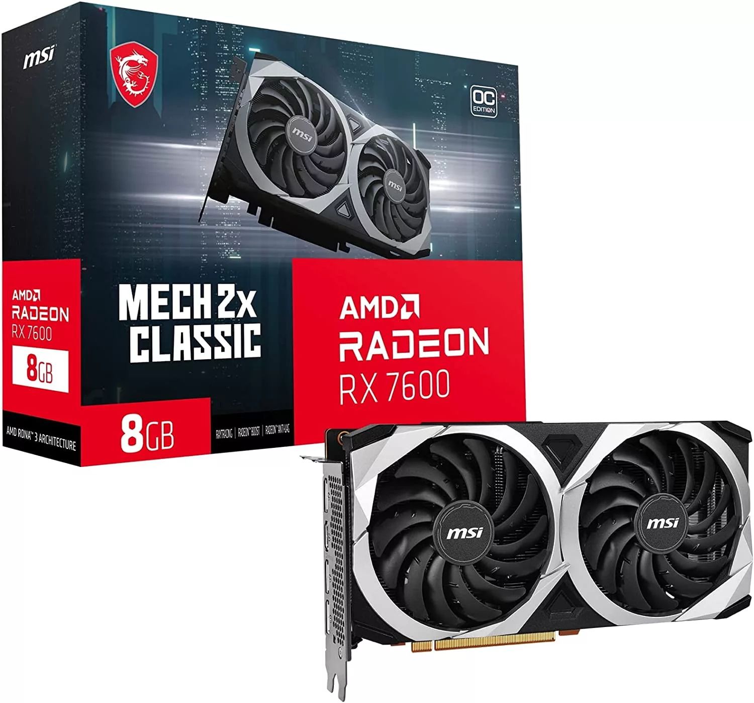 MSI Radeon RX 7600 MECH 2X CLASSIC 8G Tarjeta gráfica - AMD, 8G de memoria GDDR6, 18 Gbps MSI Radeon RX 7600 MECH 2X CLASSIC 8G Tarjeta gráfica - AMD, 8G de memoria GDDR6, 18 Gbps