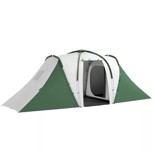 Outsunny Tienda de Campaña Familiar Tipo Túnel para de 4-6 Personas 555x225x190 cm Impermeable 3000 mm Tienda de Camping Plegable con 2 Dormitorios Bolsa para Senderismo Gris y Verde