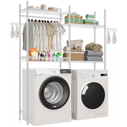 VEVOR Estante de Almacenamiento para Lavadora y Secadora, Tendedero de 4 Niveles con Barra y Ganchos, Estantes Ajustables de Dos Filas para Lavadora, Ahorra Espacio para Lavadero, Color Blanco