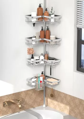 YIGII Estantería Ducha Telescópica con Portacepillos, Baño Esquinero