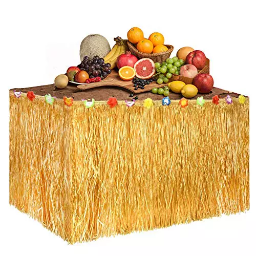 FUNNY HOUSE Falda de Mesa Luau Hawaiian Hibiscus Grass con 30 Flores de Seda 