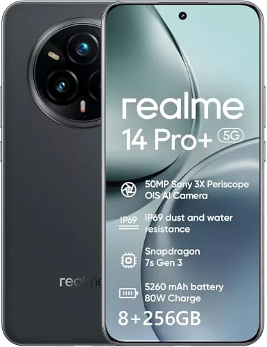 realme 14 Pro+ 5G Smartphone,50MP +50MP Camera,120Hz 6.83'' Quad Curve Display,Snapdragon 7s Gen 3 processeur,5000mAh Titan Battery,8+256GB (Negro)